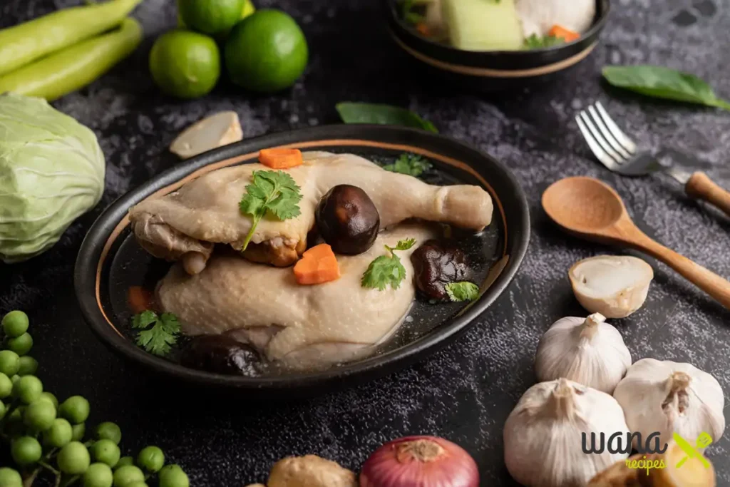 Traditional Hmong chicken soup with cabbage and carrots served in a black bowl.