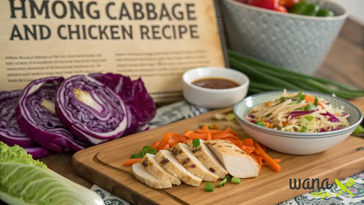 A bowl of Hmong cabbage and chicken stir-fry with fresh herbs and steamed rice.