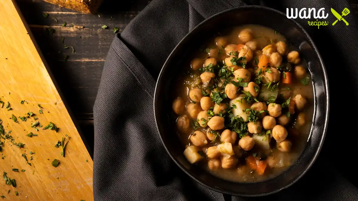 Joan Nathan chickpea soup served in a bowl, garnished with fresh parsley and paired with crusty bread on a wooden table