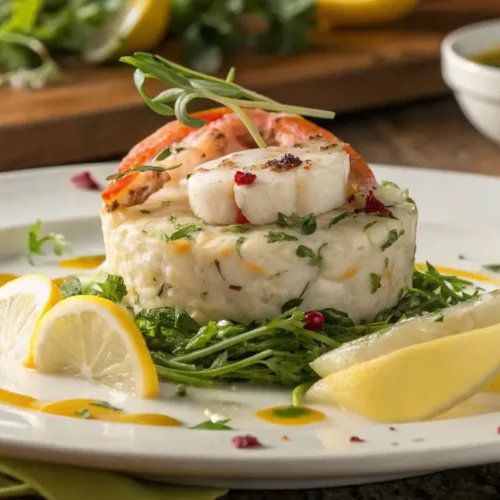 A gourmet dish featuring jumbo lump crab meat, elegantly plated with fresh herbs, lemon wedges, shrimp, and a drizzle of yellow sauce on a white ceramic plate. The background showcases a rustic wooden table with fresh ingredients.