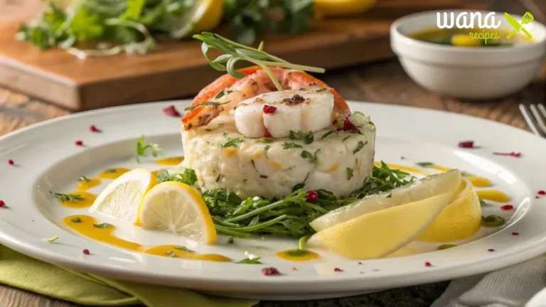 A gourmet dish featuring jumbo lump crab meat, elegantly plated with fresh herbs, lemon wedges, shrimp, and a drizzle of yellow sauce on a white ceramic plate. The background showcases a rustic wooden table with fresh ingredients.