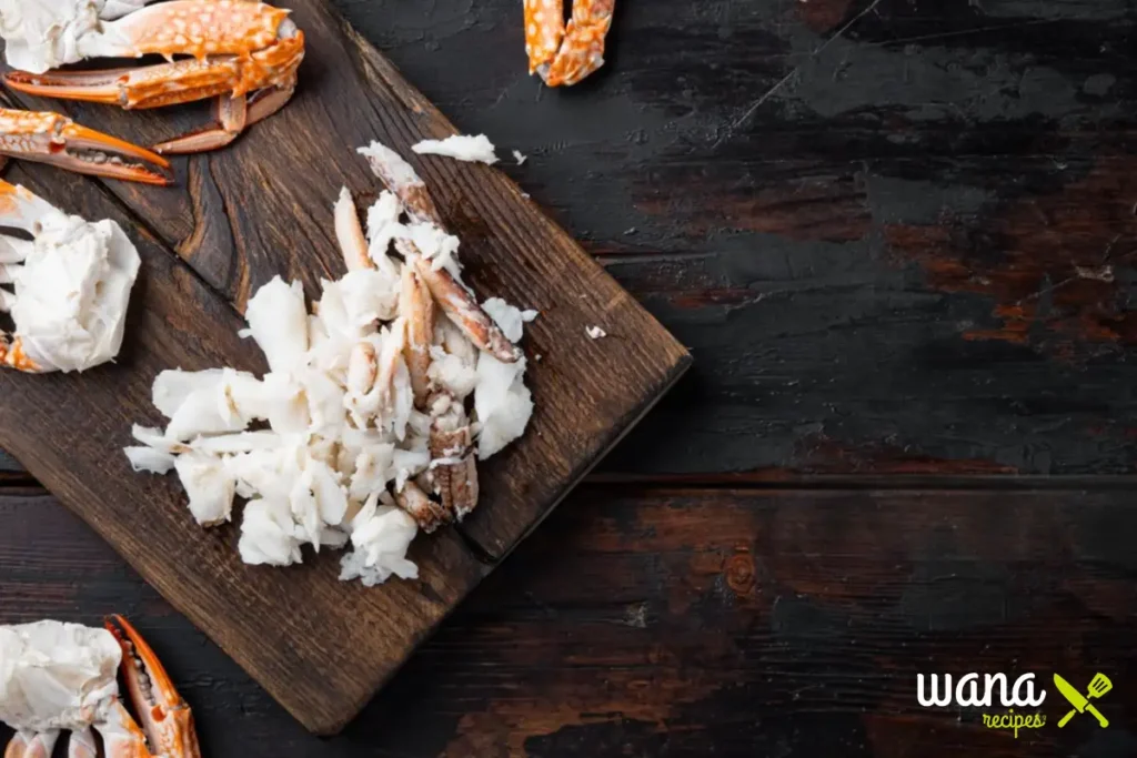 Fresh jumbo lump crab meat and blue crab shells on a wooden board