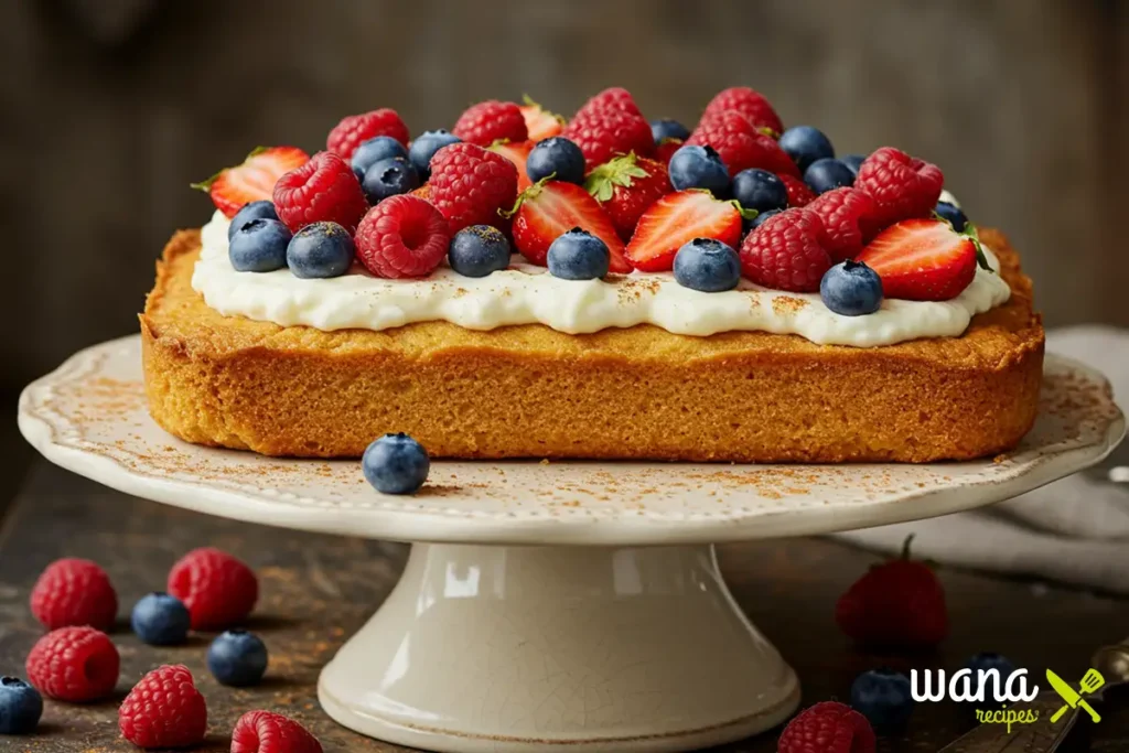 Kefir sheet cake topped with fresh berries and whipped cream on a cake stand.