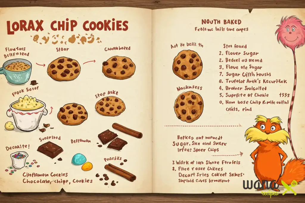 A whimsical recipe book page showing step-by-step instructions for making Lorax chip cookies, paired with cute illustrations of the Lorax and cookie designs.