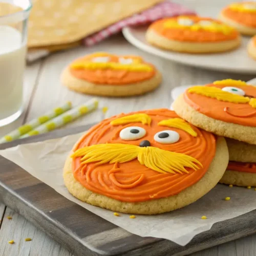 A close-up of freshly baked Lorax-themed cookies with vibrant orange frosting, yellow eyebrows, and a fluffy mustache, placed on a rustic wooden table.