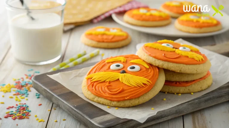 A close-up of freshly baked Lorax-themed cookies with vibrant orange frosting, yellow eyebrows, and a fluffy mustache, placed on a rustic wooden table.