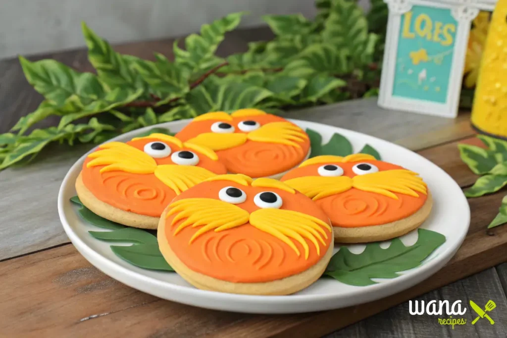 A group of Lorax-inspired cookies with orange frosting, yellow mustaches, and candy eyes, displayed on a decorated table