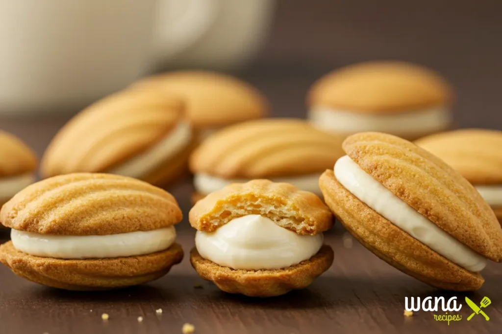 Madeleine cookies filled with cream, one with a bite taken, showcasing the soft and creamy filling.