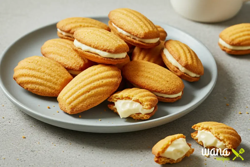 A plate of golden Madeleine cookies filled with cream, with some broken to reveal the creamy filling