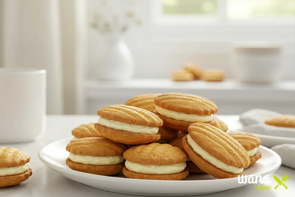 Stacked Madeleine cookies with cream filling on a white plate, served in a bright kitchen setting.