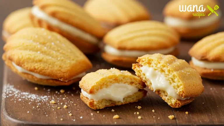 Freshly baked Madeleine cookies with a golden shell shape, dusted with powdered sugar, and served on a white plate