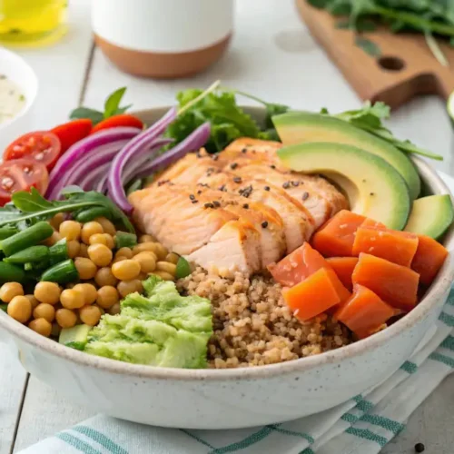 A vibrant meal prep Buddha bowl featuring sliced salmon, quinoa, fresh vegetables like avocado, cherry tomatoes, red onion, green beans, and chickpeas, with a side of dressing and lemon wedges.