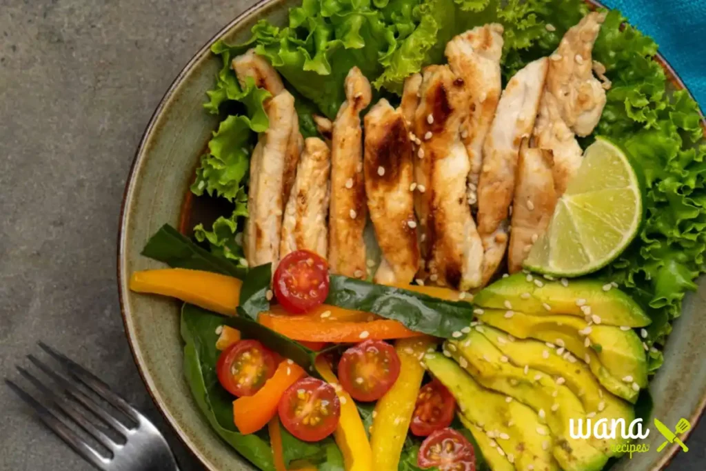  A fresh Mexican chicken salad bowl with grilled chicken strips, avocado, cherry tomatoes, bell peppers, and lettuce, garnished with sesame seeds and lime.