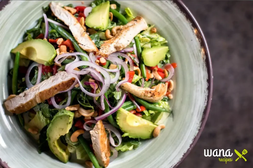 A colorful Mexican chicken salad with grilled chicken, avocado, red onions, green beans, and cashews in a rustic bowl.