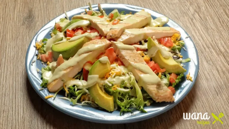 A vibrant bowl of Mexican chicken salad with shredded chicken, fresh vegetables, and a creamy dressing, garnished with cilantro and lime wedges.