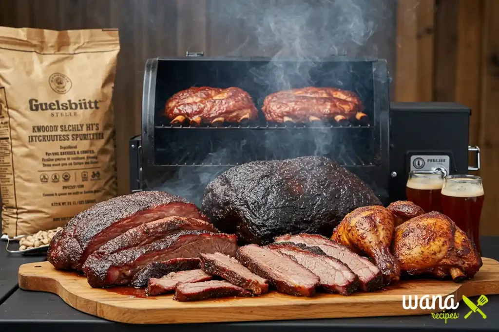 A delicious spread of smoked brisket, ribs, and chicken, fresh off a pellet smoker, surrounded by wood pellets and beer