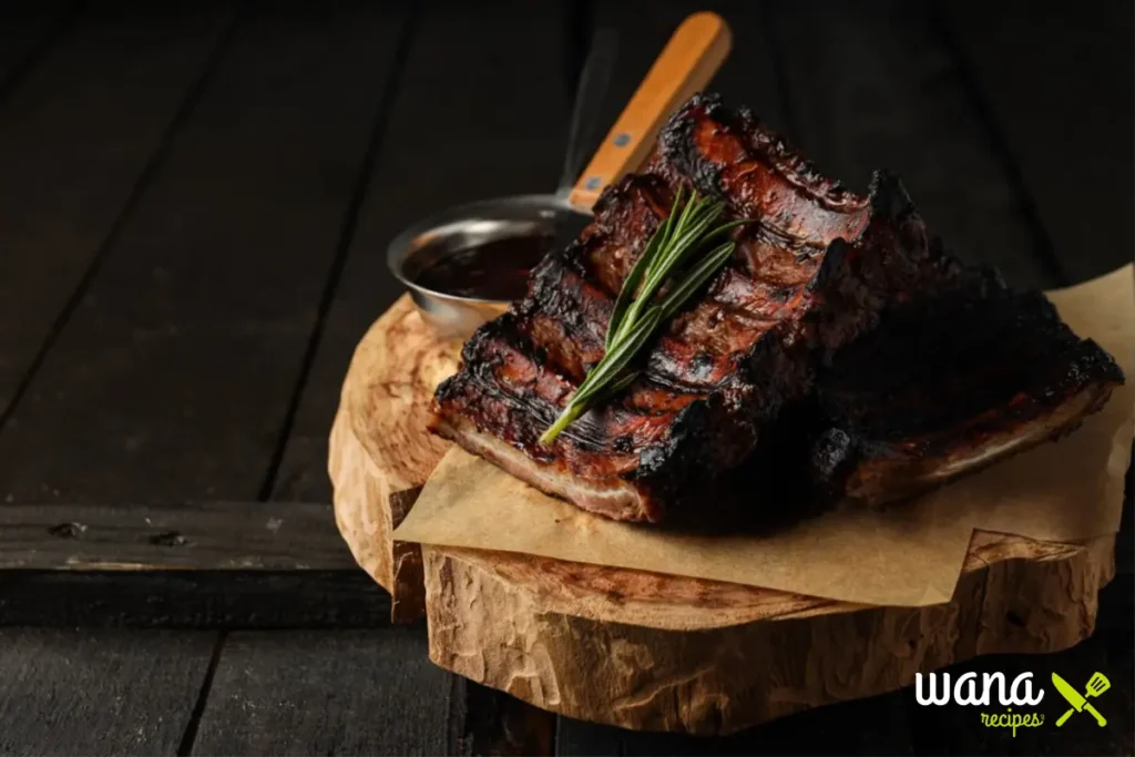 Smoked baby back ribs with a crispy caramelized bark, garnished with fresh rosemary and served with BBQ sauce.