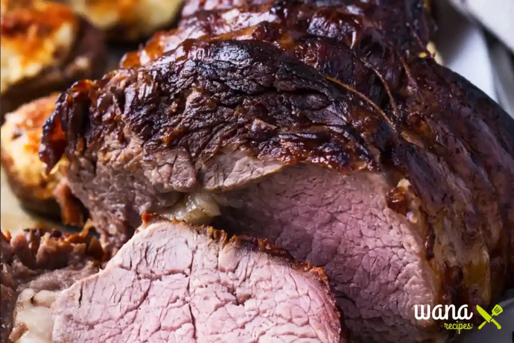 Close-up of a perfectly roasted sandhill crane meat showing its rich, juicy texture.