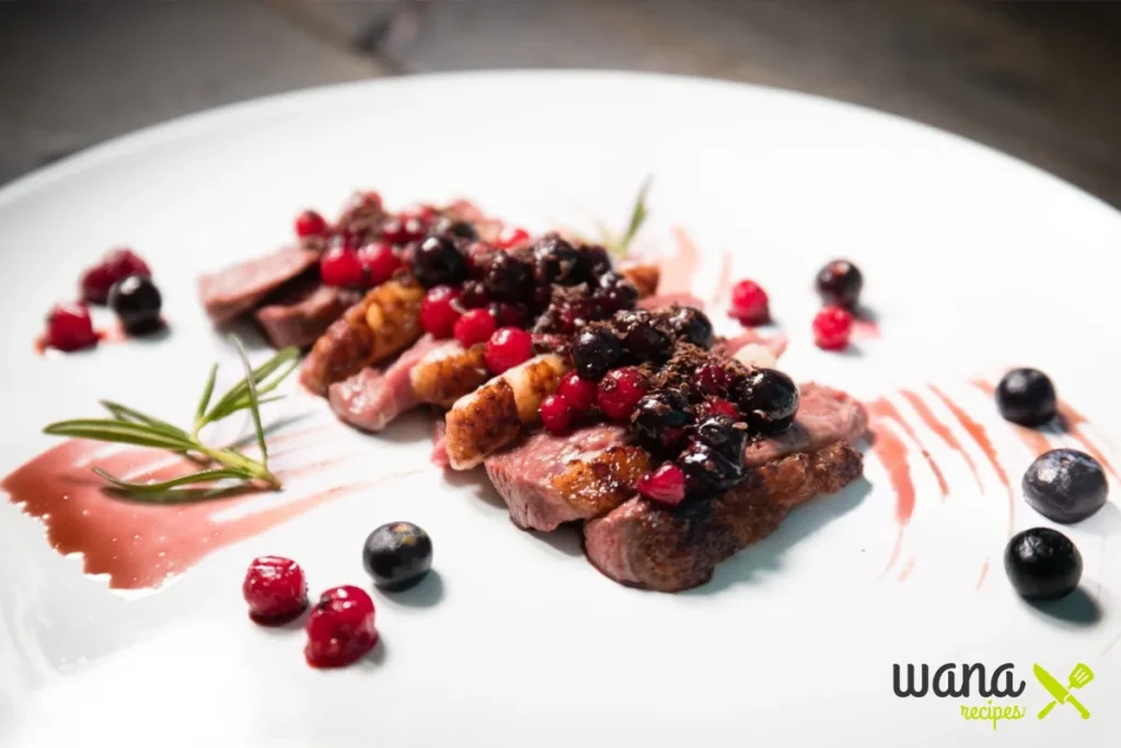 Plated slices of sandhill crane meat garnished with berries and rosemary, showcasing a gourmet presentation