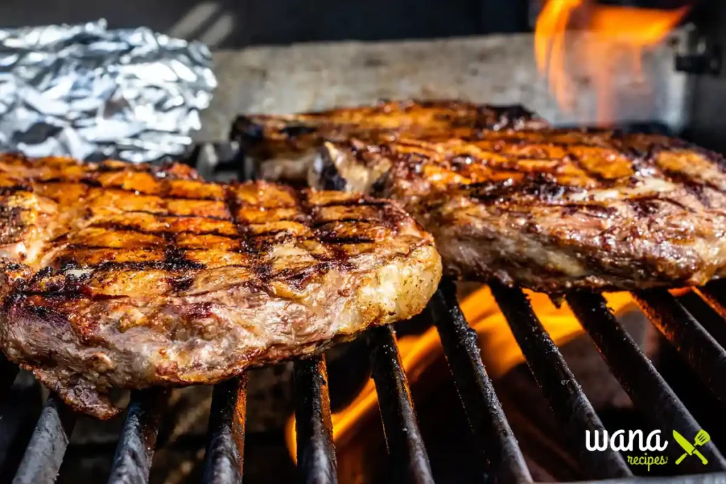 Thick, grilled ribeye steaks with perfect grill marks and flames rising in the background.