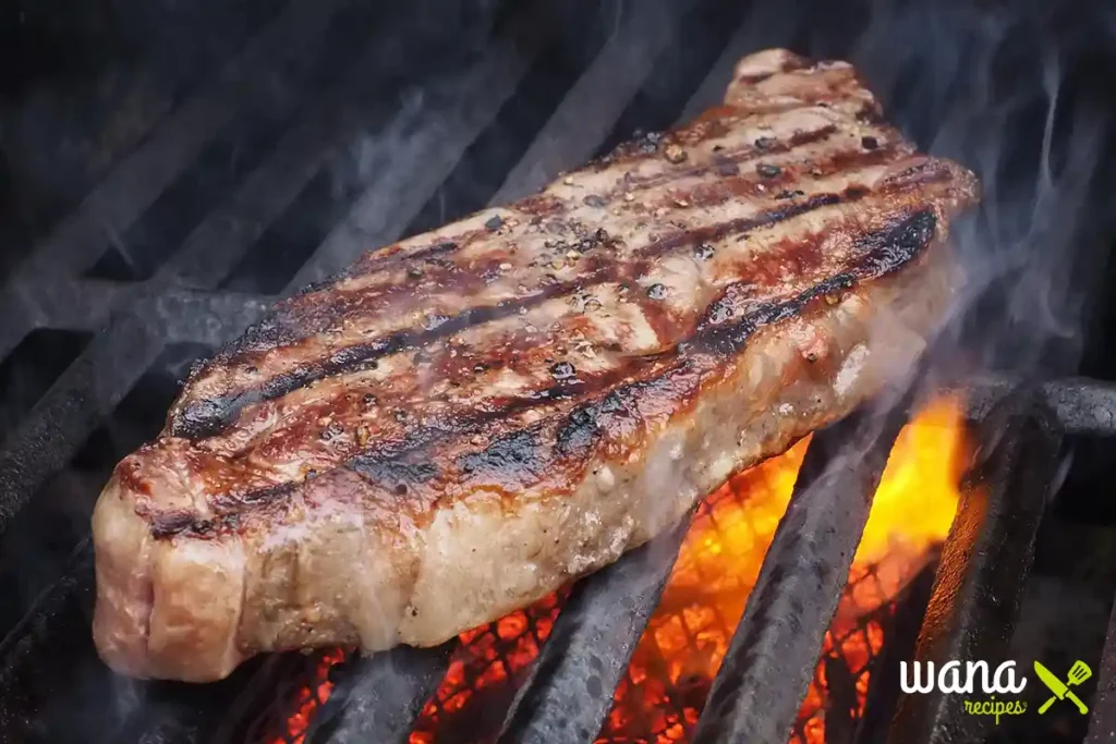 Grilled steak on a pellet grill with smoky flavor and flames beneath.