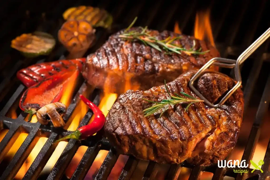 Steaks and vegetables grilling on a pellet grill with flames and fresh garnishes