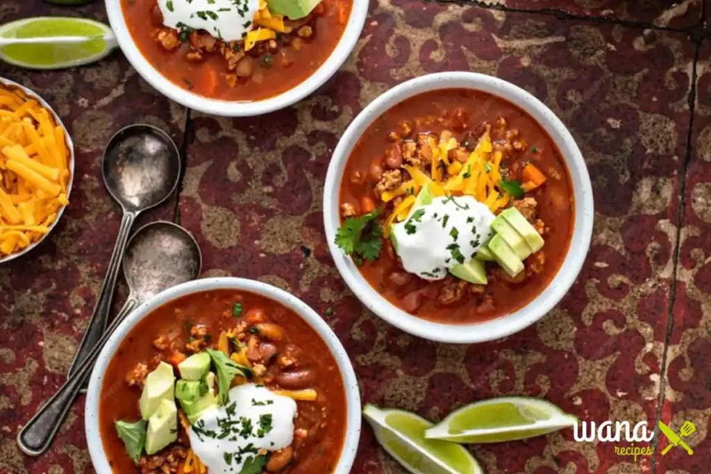 A top-down view of three bowls of taco soup frios, garnished with crispy tortilla strips, sour cream, diced avocado, shredded cheese, and cilantro, served with lime wedges on the side.