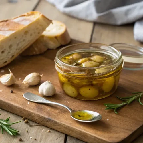 A small glass jar filled with garlic confit submerged in olive oil, placed on a rustic wooden board with fresh rosemary and crusty bread.