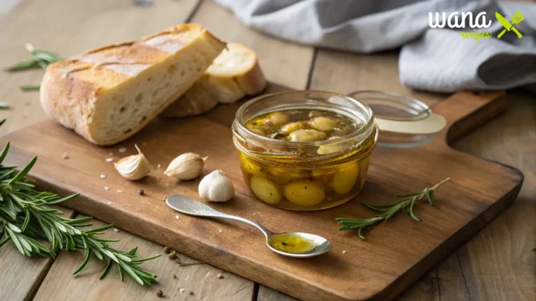 A small glass jar filled with garlic confit submerged in olive oil, placed on a rustic wooden board with fresh rosemary and crusty bread.