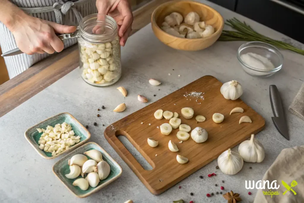 A person preparing garlic confit by placing freshly peeled garlic cloves into a glass jar on a kitchen countertop.