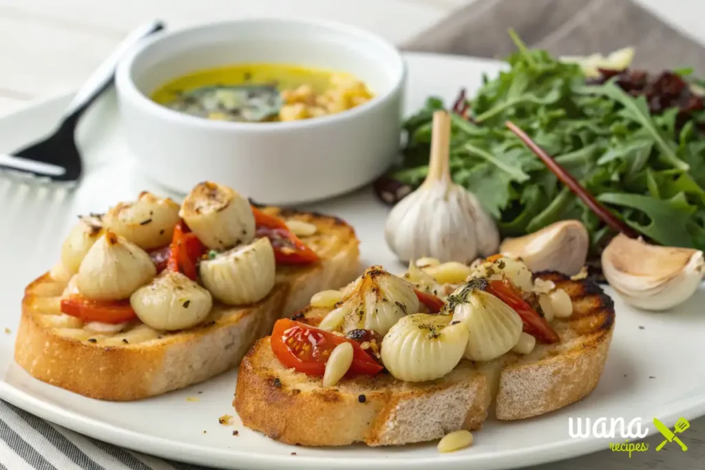 Toasted bread topped with garlic confit, cherry tomatoes, and pine nuts, served with a side salad and a bowl of infused garlic oil.