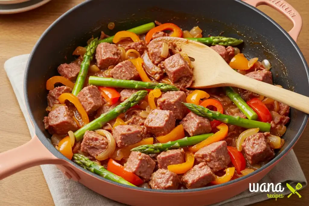 Canned corned beef breakfast recipe with vegetables such as bell peppers and asparagus in a skillet.