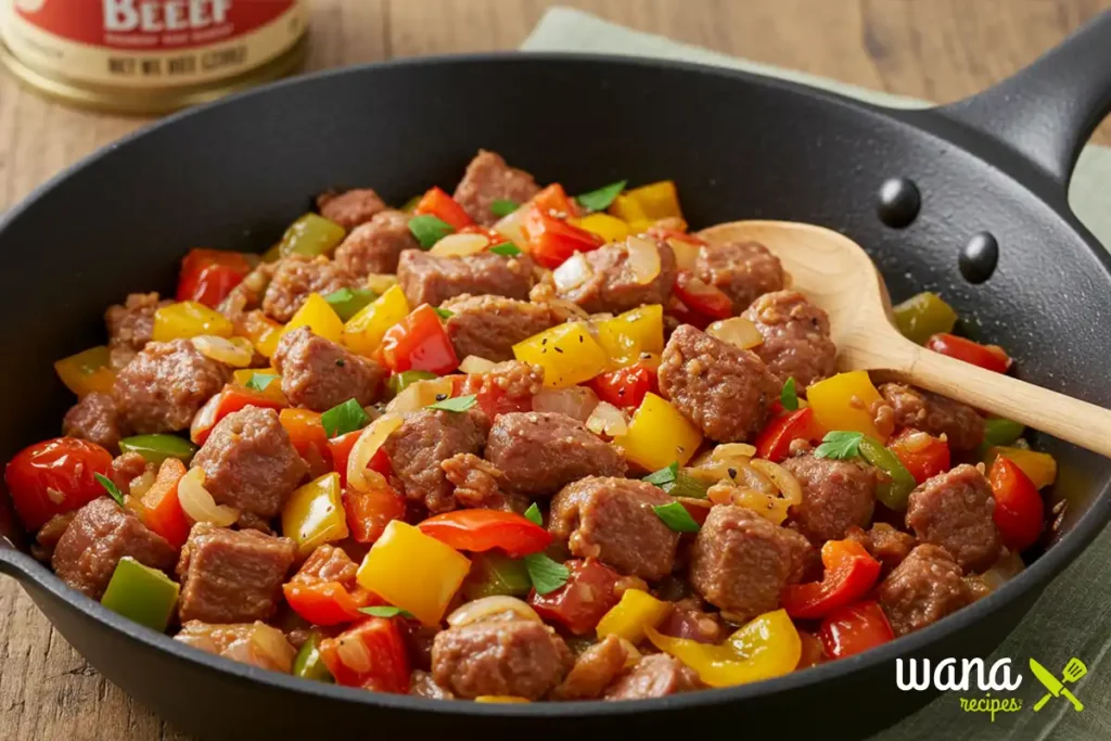 Skillet meal with canned corned beef, bell peppers, onions, and asparagus cooked together for a savory breakfast.