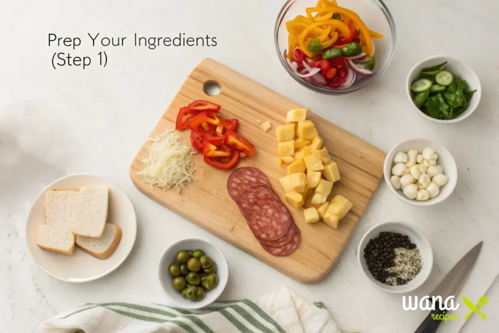 A collection of fresh ingredients for the garbage bread recipe, including slices of bread, grated cheese, colorful vegetables like bell peppers and spinach, and seasonings such as garlic powder and oregano, arranged neatly on a wooden board.