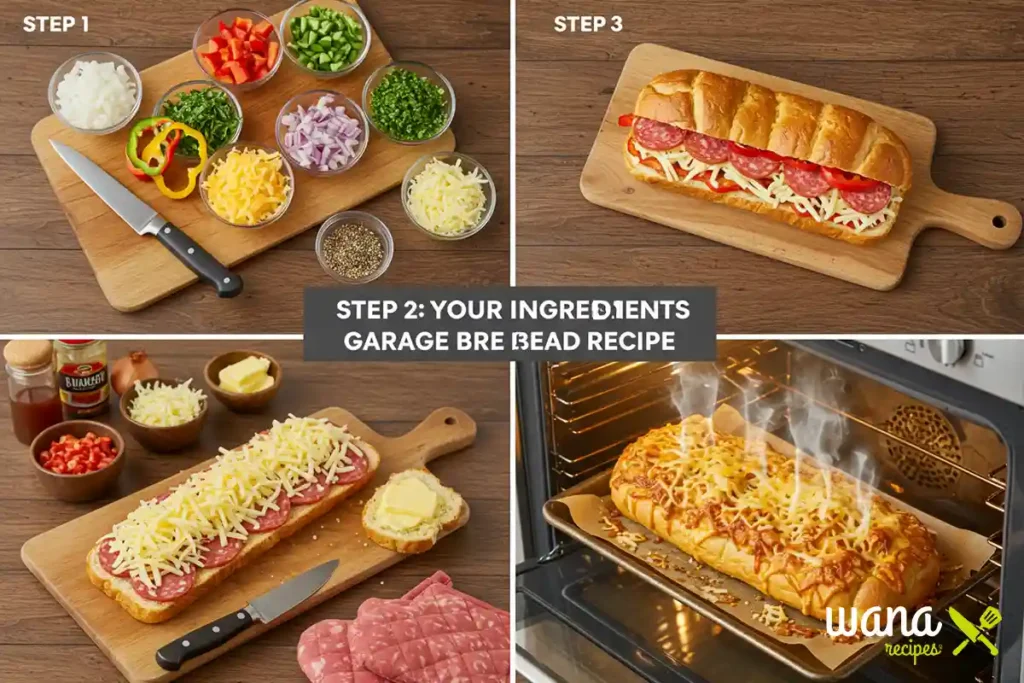 Step-by-step visuals of the garbage bread recipe process, showing a loaf of bread being sliced open, toppings like cheese and vegetables being layered inside, and the final baked result with melted cheese and crispy edges.