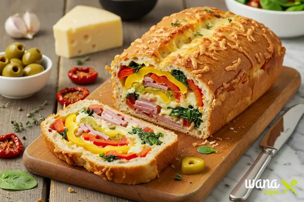 A beautifully baked garbage bread recipe, showing a golden-brown loaf filled with melted cheese, colorful vegetables, and savory meats, served on a rustic wooden board with slices ready to be enjoyed.