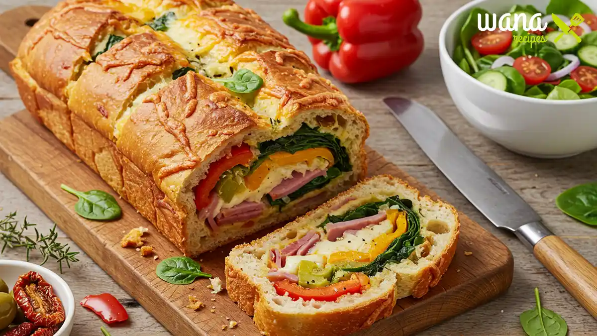 A delicious garbage bread recipe featuring a golden, cheesy loaf filled with colorful vegetables, meats, and herbs, showcasing a perfect balance of flavors and textures.