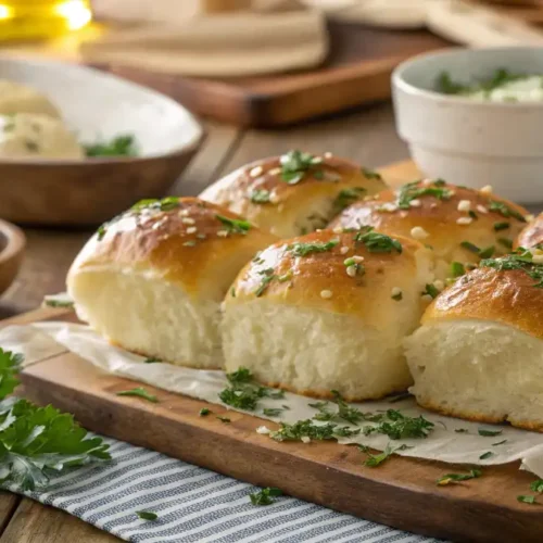 Soft, golden-brown Hawaiian rolls topped with chopped parsley and ready to be served as garlic bread