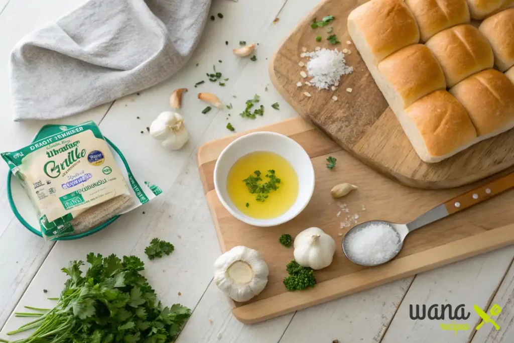  Hawaiian rolls with garlic, parsley, and sea salt on a cutting board, ready to be transformed into garlic bread.