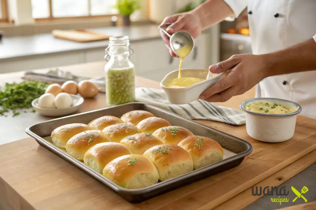 A chef pouring garlic butter onto soft Hawaiian rolls in a kitchen setting, with eggs and fresh herbs visible in the background.