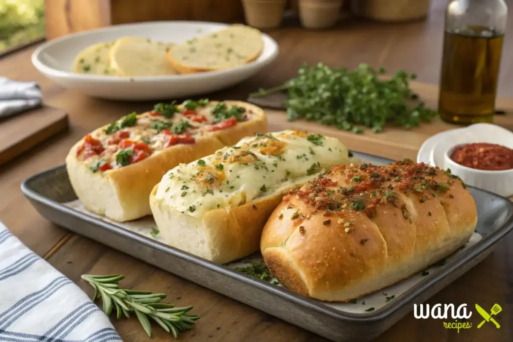 A variety of garlic bread made with Hawaiian rolls, topped with fresh herbs, cheese, and garlic butter, served on a rustic baking tray.