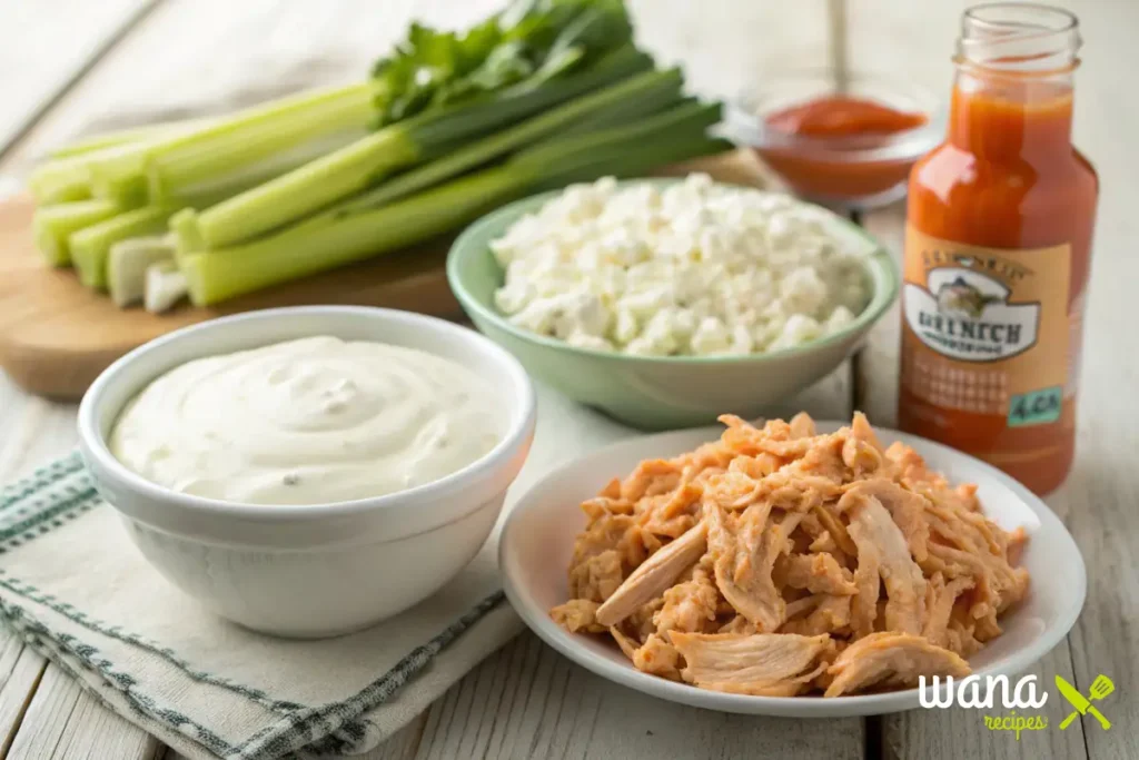 Ingredients for high-protein buffalo chicken dip including shredded chicken, Greek yogurt, cottage cheese, buffalo sauce, and fresh celery