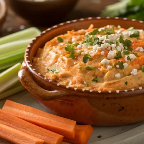 High protein buffalo chicken dip served in a rustic dish with veggies like celery and carrots for dipping