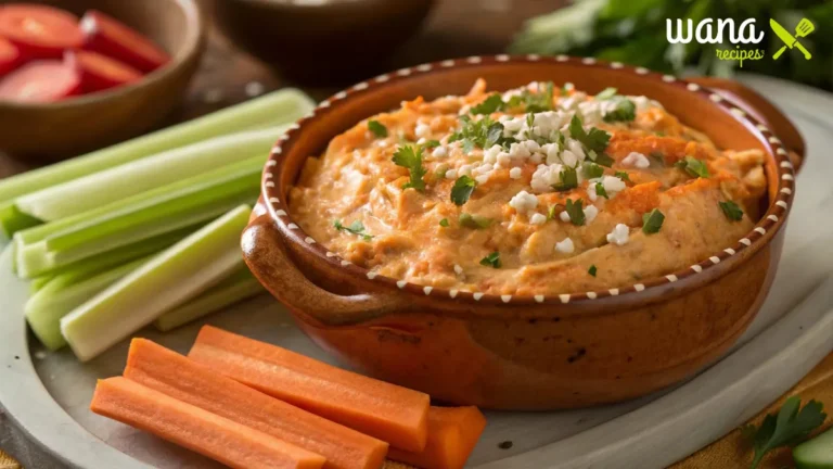 High protein buffalo chicken dip served in a rustic dish with veggies like celery and carrots for dipping