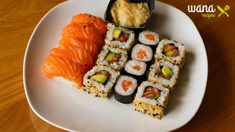 A plate of low-sodium sushi meal, featuring slices of salmon sashimi and sushi rolls with salmon, avocado, and sesame seeds.