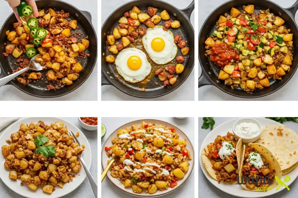 Different variations of Mexican potatoes breakfast, including options with eggs, avocado, and salsa