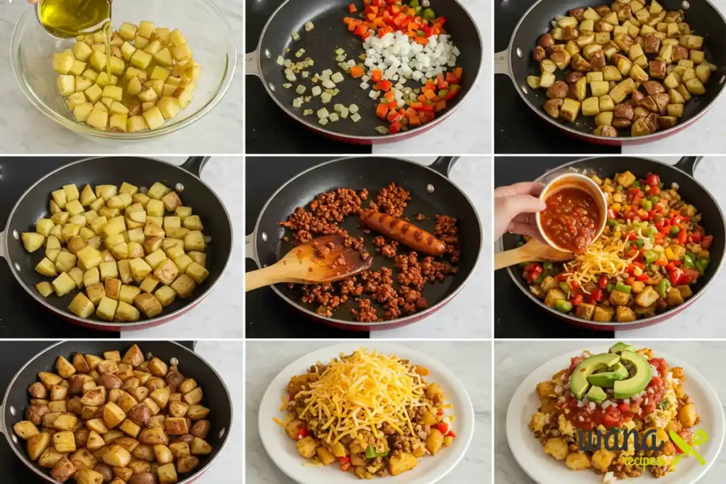 Step-by-step process of making Mexican potatoes breakfast, showing chopped potatoes, seasoning, and cooked potatoes in a pan