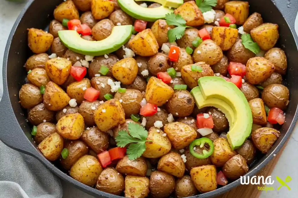 Close-up of crispy Mexican potatoes with spices and herbs