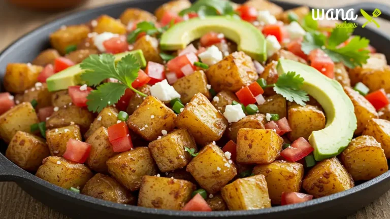 Mexican potatoes breakfast recipe with crispy potatoes, eggs, and toppings