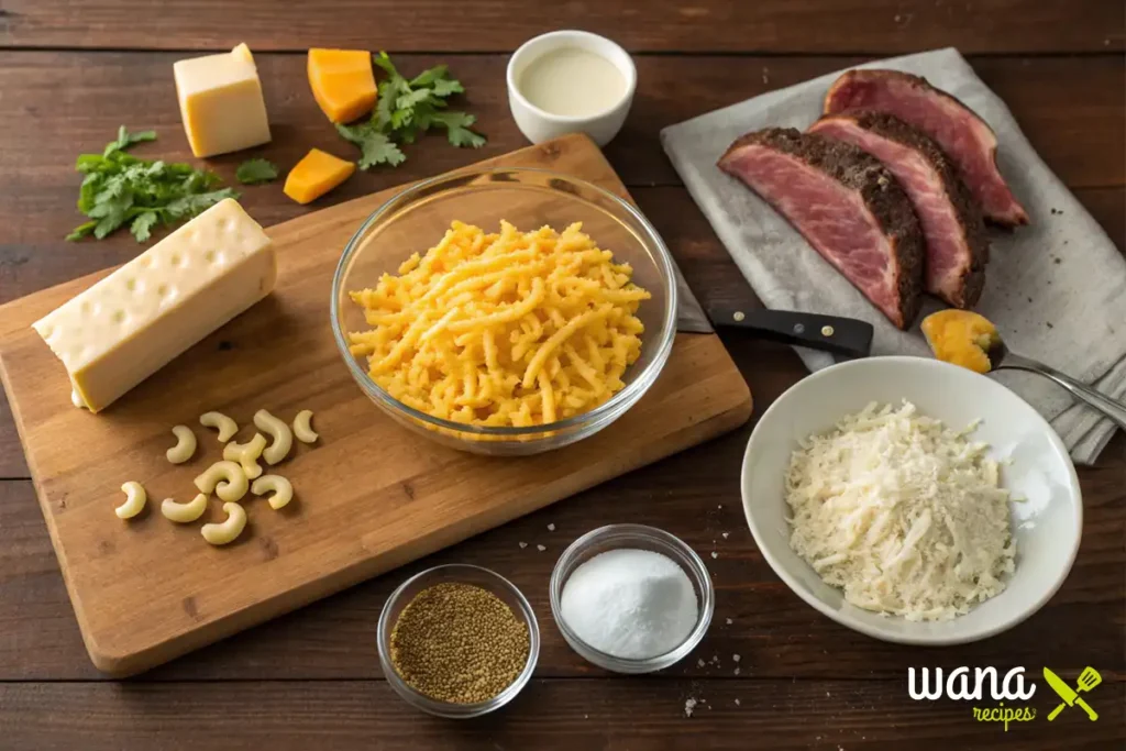 Ingredients for Southern BBQ Mac ‘n’ Cheese including grated cheese, butter, cashews, and BBQ beef, arranged on a wooden cutting board.